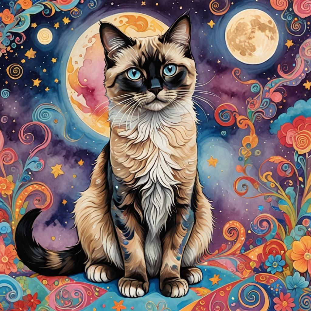 Dainty female Himalayan Siamese calico mix with the Calico marking in the face,  arms and legs gazing at the moon.