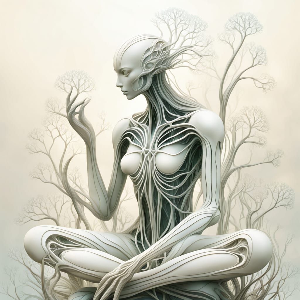 biomorphic art, A serene figure crafted from organic structures sits cross-legged  by @EHACKMANN 
