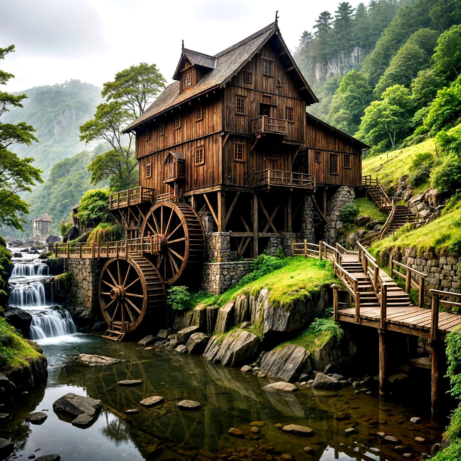 A large, wooden watermill structure, reminiscent of East Asian architecture, sits on an island in a misty, ...  by @Beautiful Mind