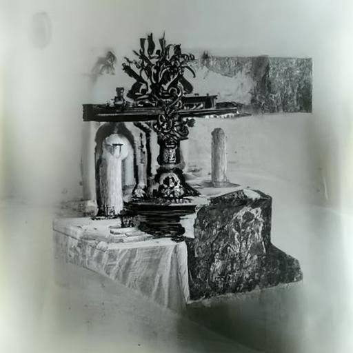 Monochrome print of an altar