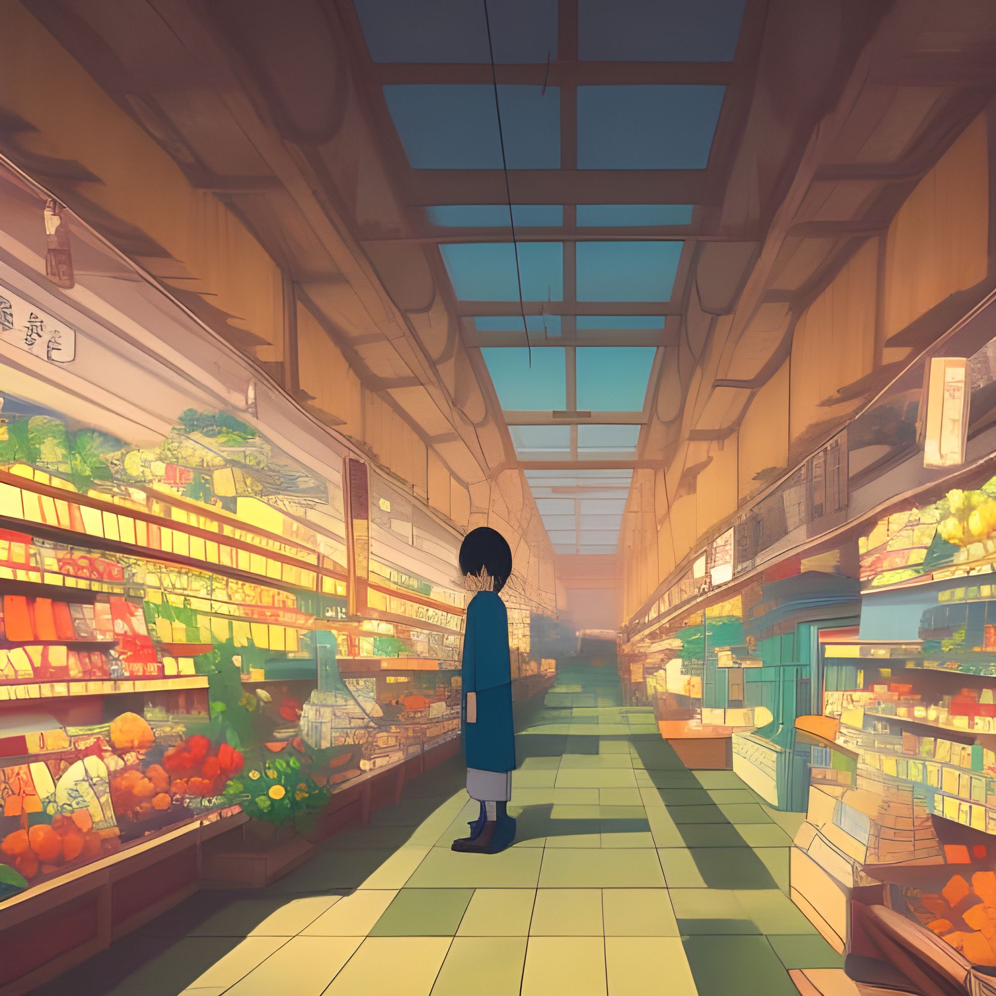 Lexica - anime art of a female grocer inside a grocery store