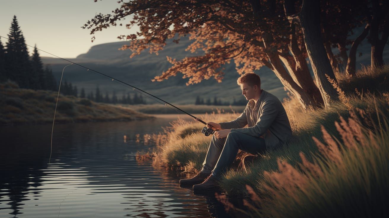 Young man sitting with fishing pole on the side of a lake with trees bushes, sunny day, a masterpiece, ...  by @Ed Evans