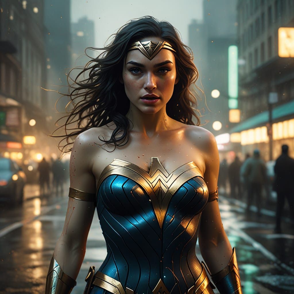 Ethereal Wonder Woman Illuminates Urban Street in Hyper-Real...
