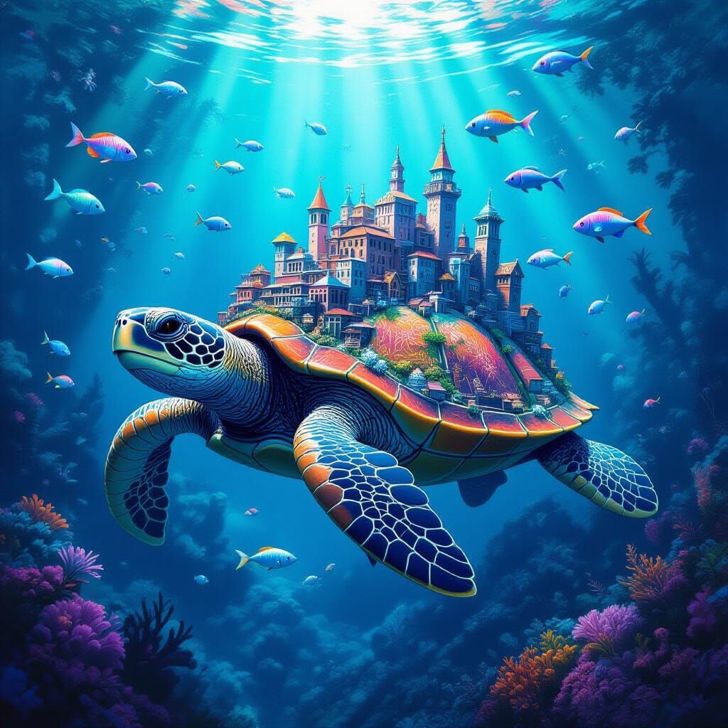 Fantasy City on Ancient Sea Turtle's Back