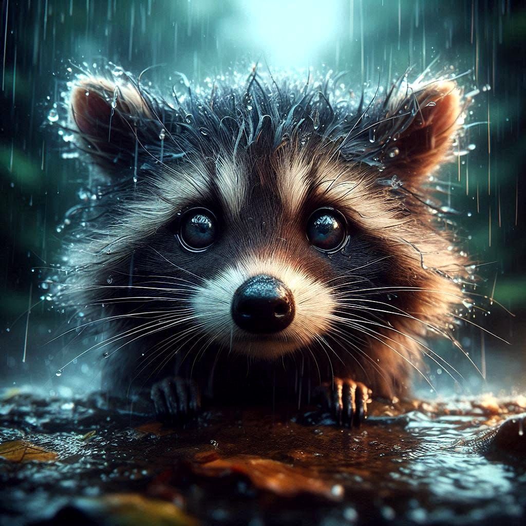 Baby Racoon in the Rain
