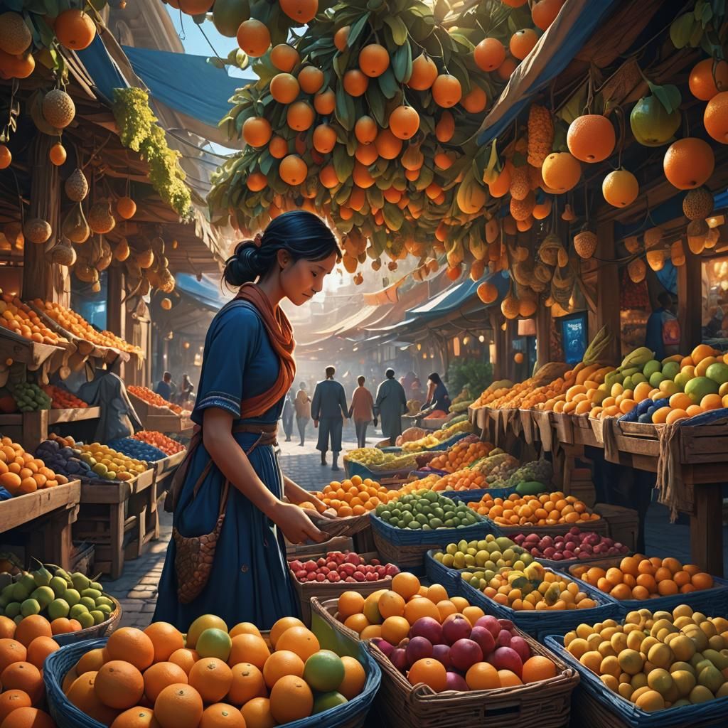 Woman Searches Fruit Market in Matte Painting Style