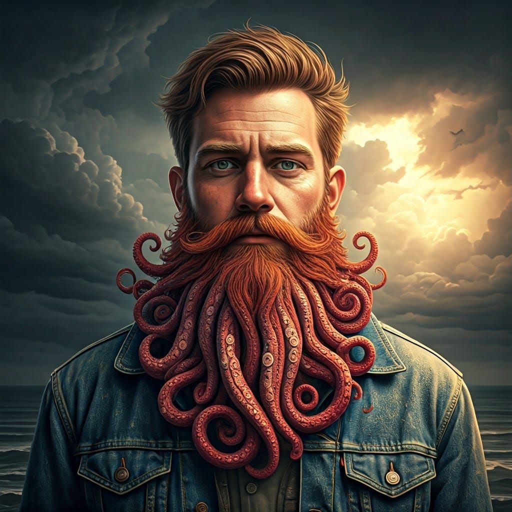 Fisherman back from sea with a whimsical crocheted octopus tentacled beard  by @Blue 