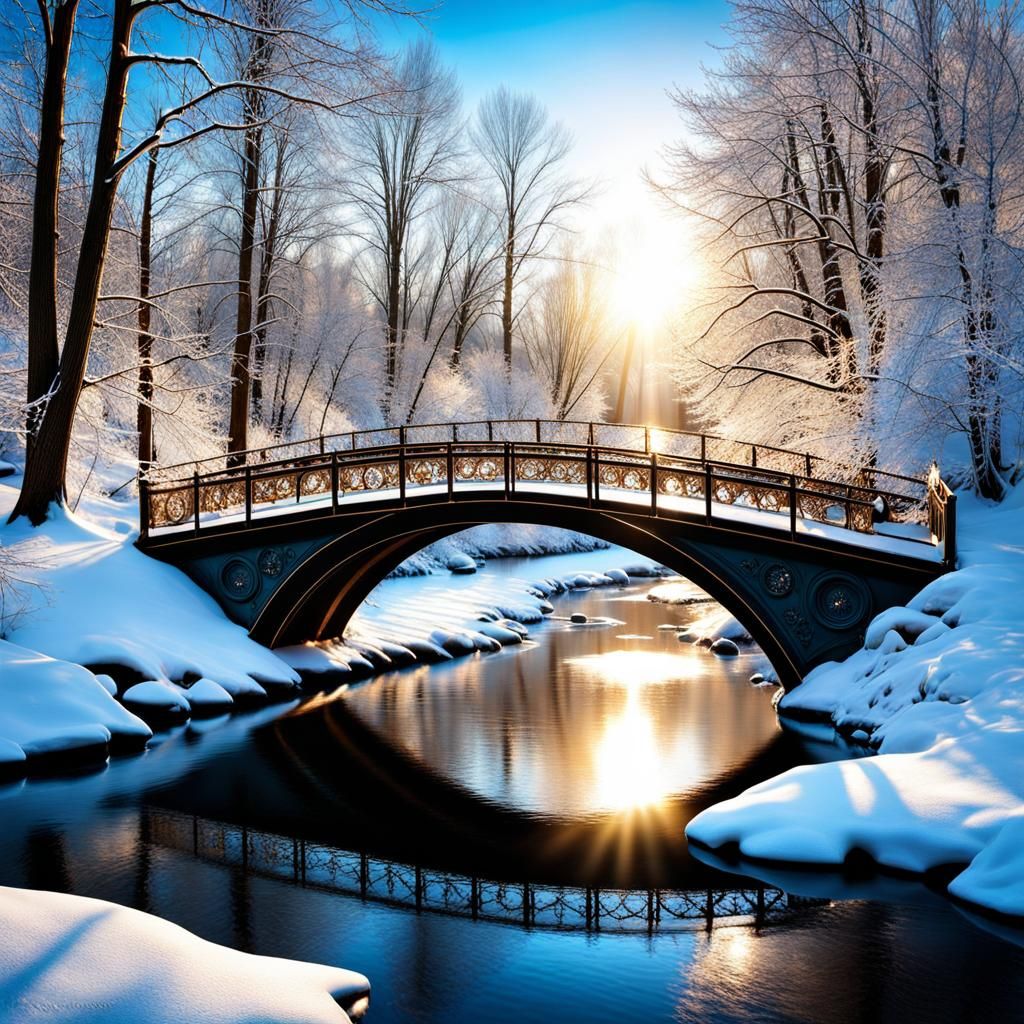 Bridge over icy creek in a dreamy winter landscape  by @Lilsilverfish