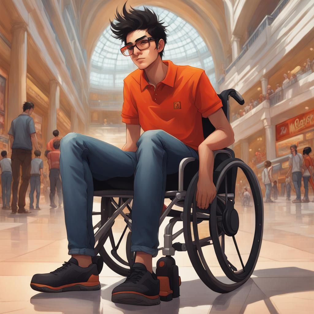 16-year-old character sitting in a wheelchair in the mall, f...