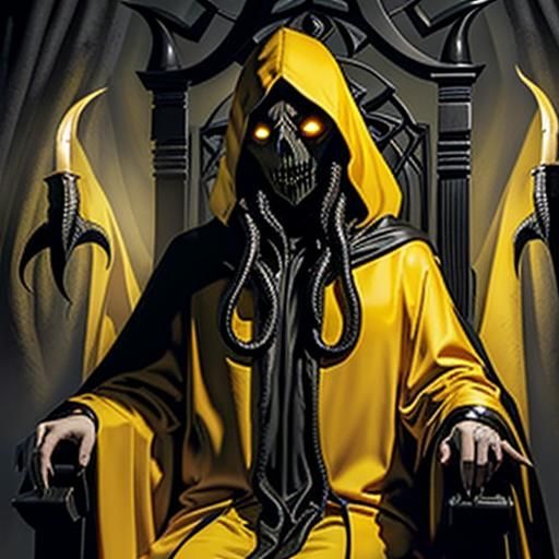 Hastur in yellow robe, eldritch god with tentacles coming fr...