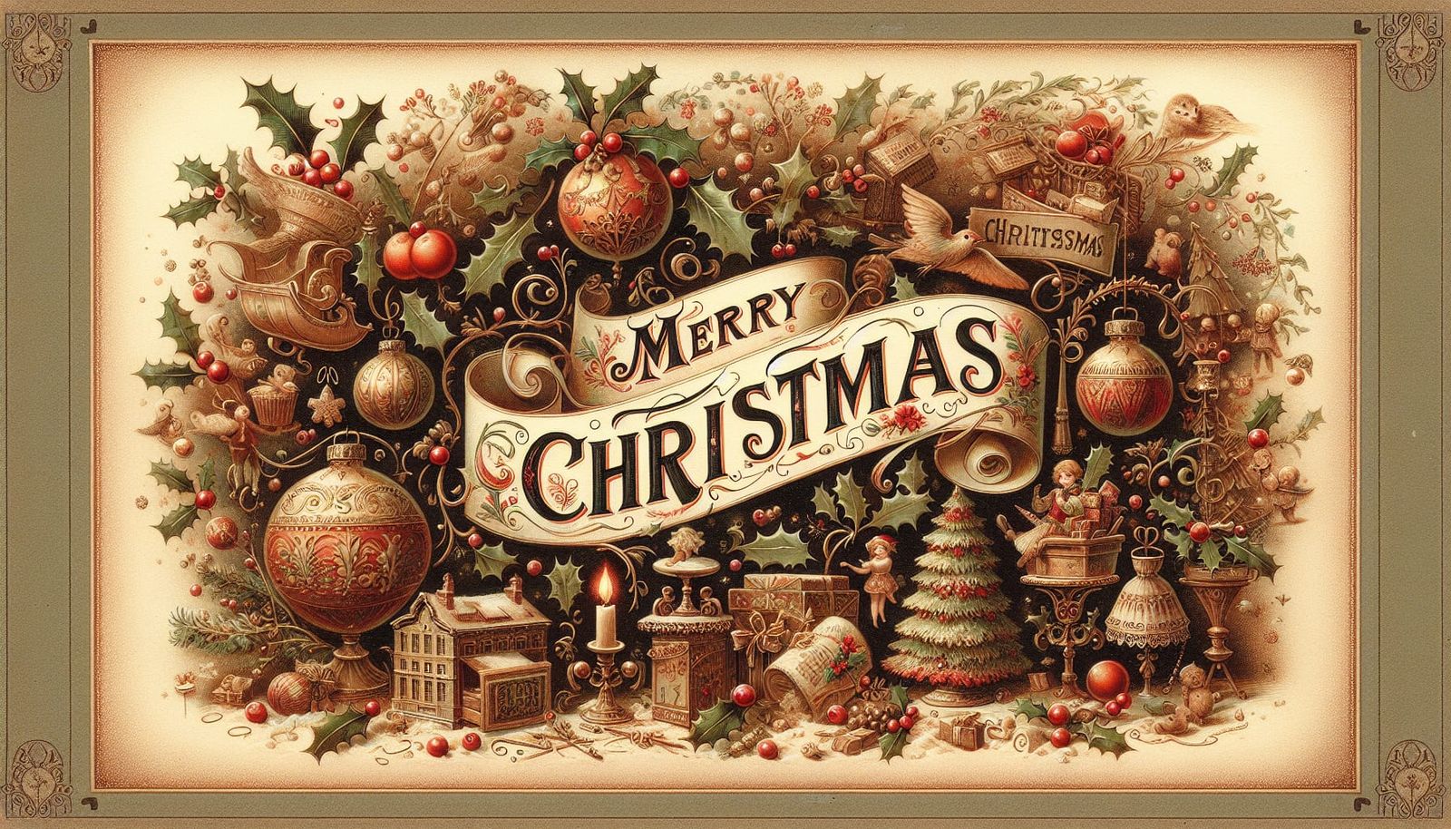 a beautiful nostalgic Christmas postcard with the lettering "Merry Christmas" in the style of Lisi Martin, ...  by @Tina auf der Blumenwiese