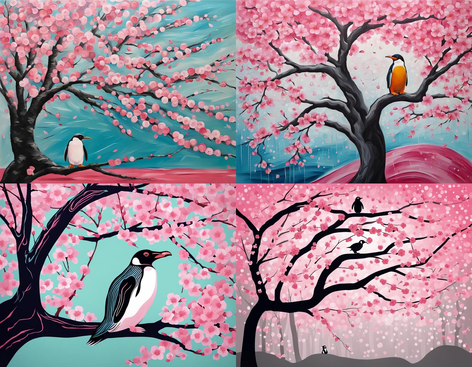 cherry blossom tree with a pink penguin sitting next to tree