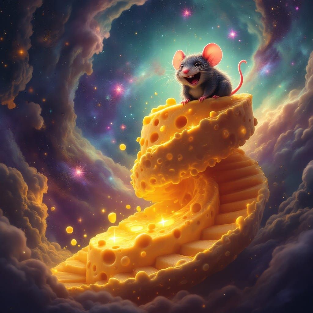 A hysterically laughing chibi rat perched atop a spiraling staircase made from glowing cheese emerging ...  by @Alyarie