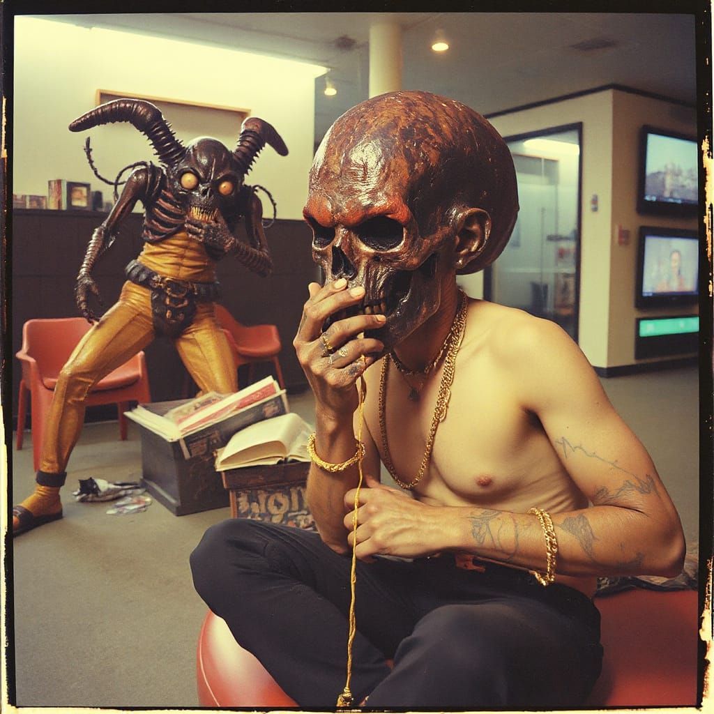 Fragmented Disco Funk Portrait in Giger-Koons Style