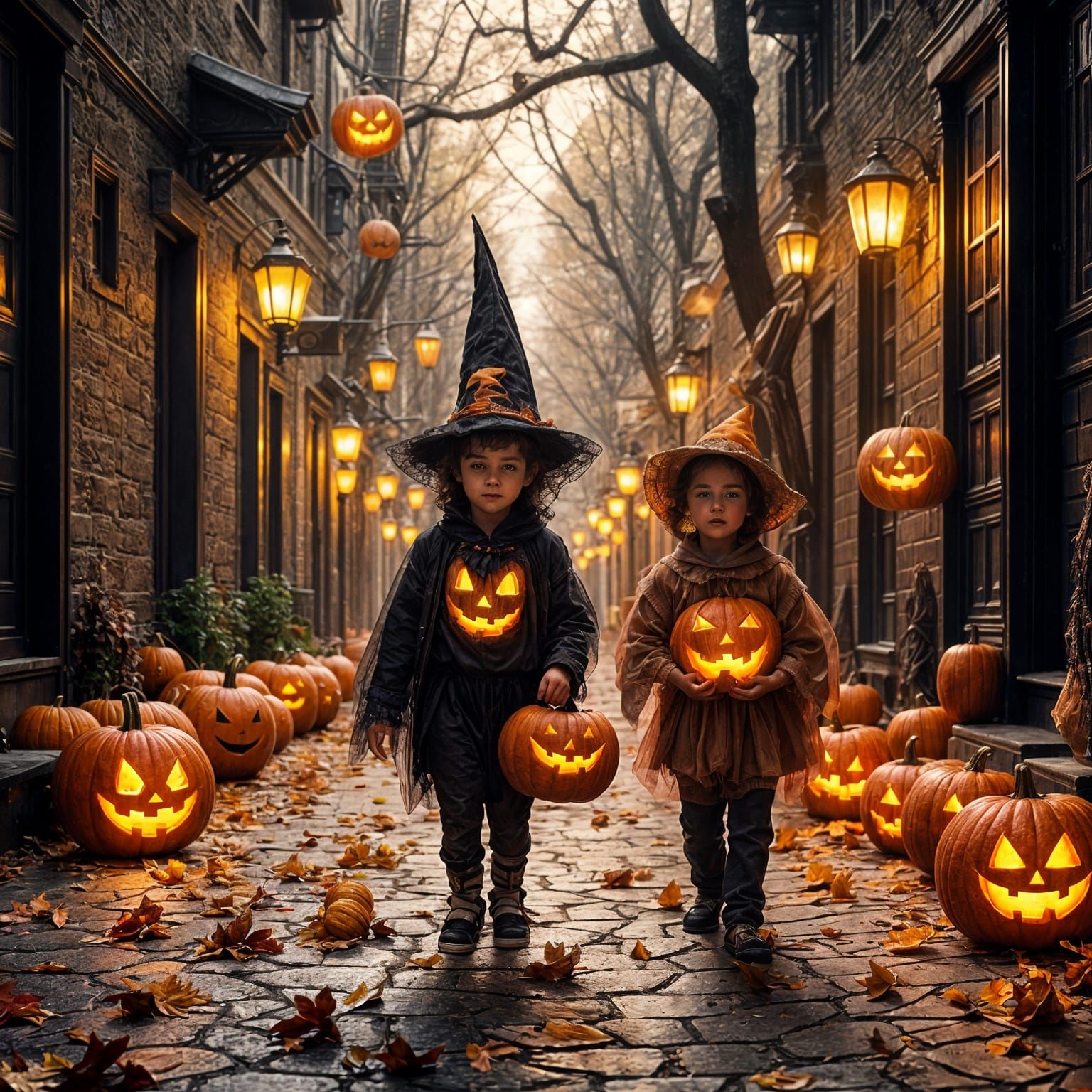 des enfants habillés en tenue halloween dans une rue éclairé...