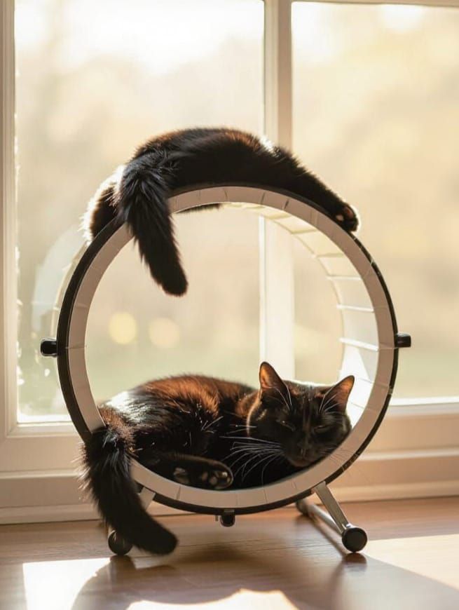 What Would My Cats Do? In front of a sunny window, a cat exercise wheel; inside the wheel, a black cat sleeps, tail hanging over the edge. A second black cat sits ...