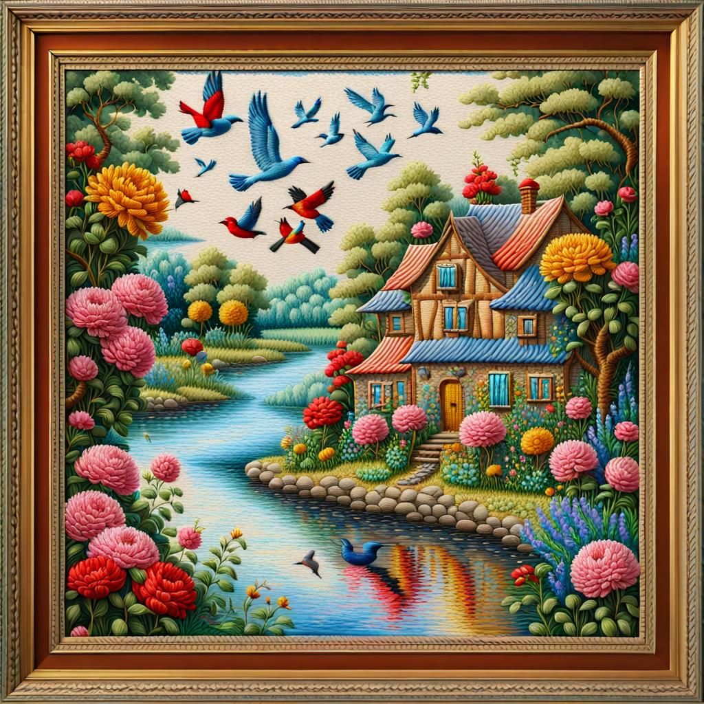 embroidery work of a house along a river, flowers blooming, ...