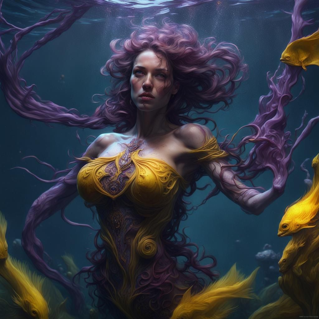 Hybrid woman complet body stomach pain underwater.