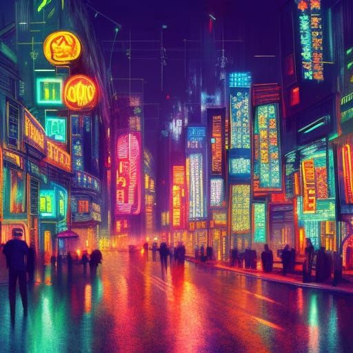 A city street at night, lit up with neon signs, Epic cinemat...