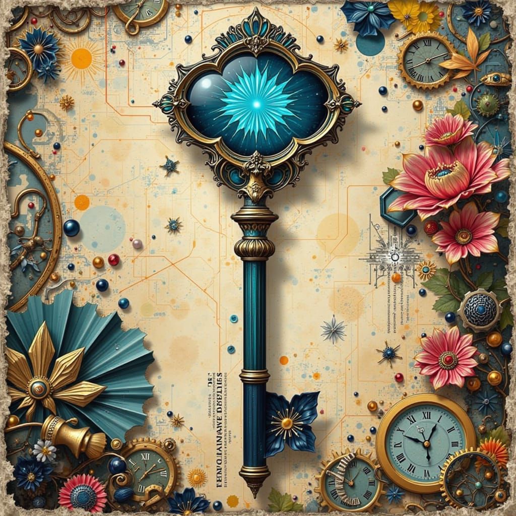 <lora:Weird:1.0> Imagine a vintage ornate glass key vertically aligned in the middle of a collage, adorned with  (flora), with overlays of a...