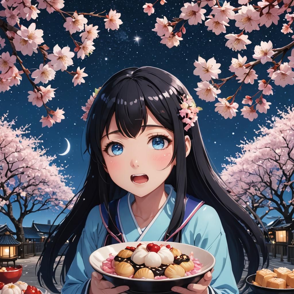 1girl, star_(sky), starry_sky, food, solo, looking_at_viewer...