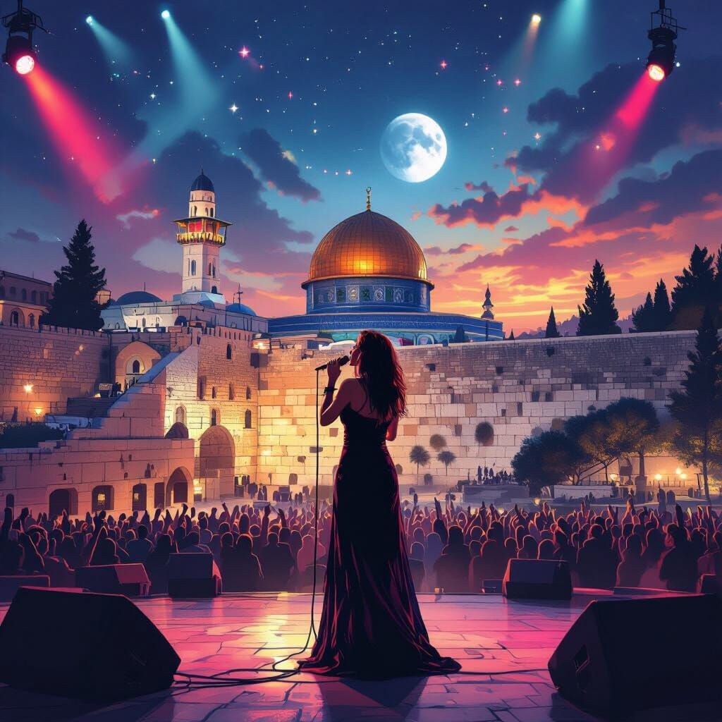 Singer Performing Live in Jerusalem with Dome of the Rock