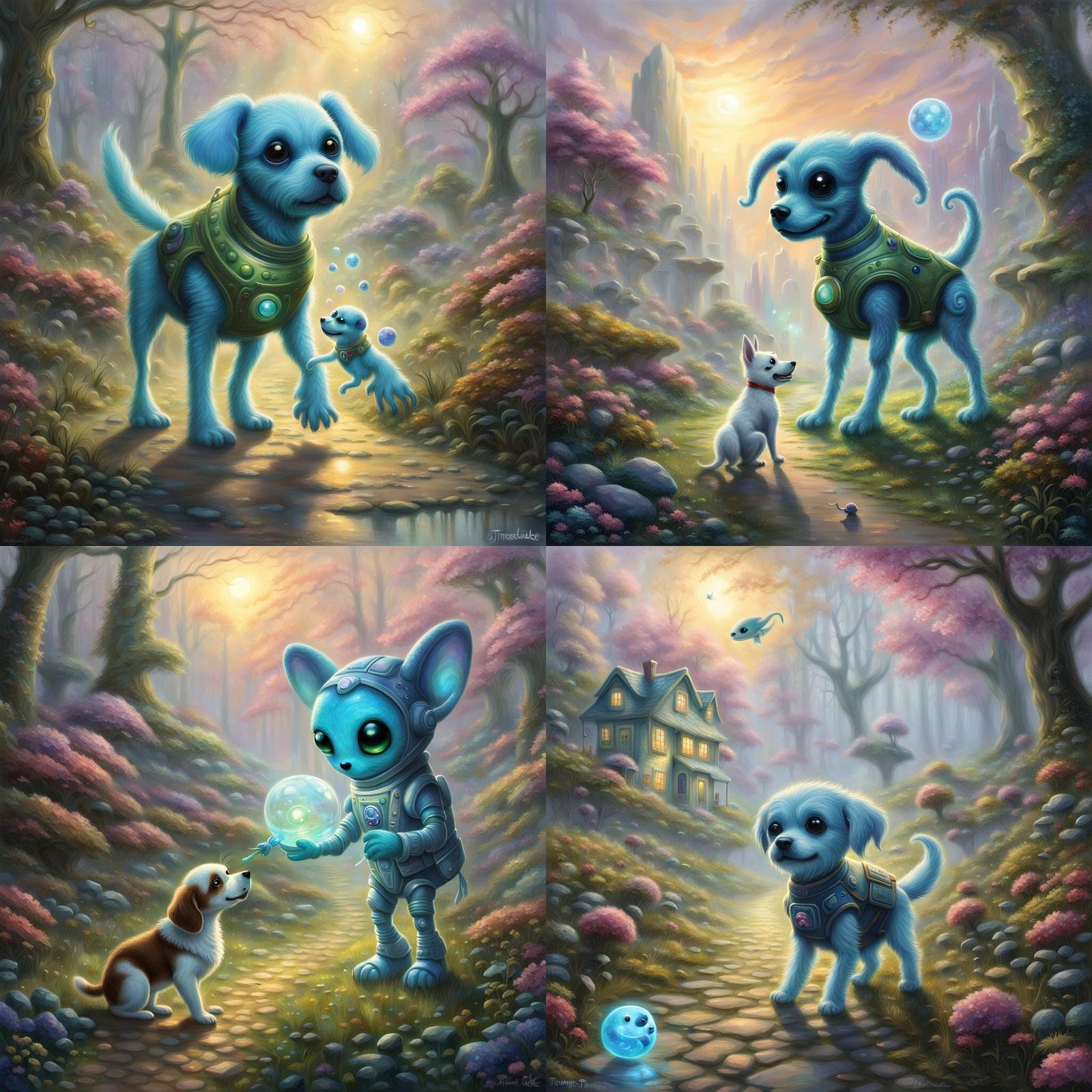 Cute cuddly alien dog playing fetch with its alien owner ethereal ...