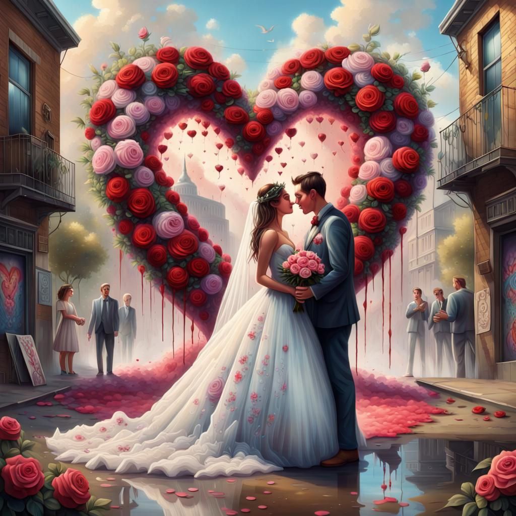 A beautiful couple getting married under a heart shaped bouq...