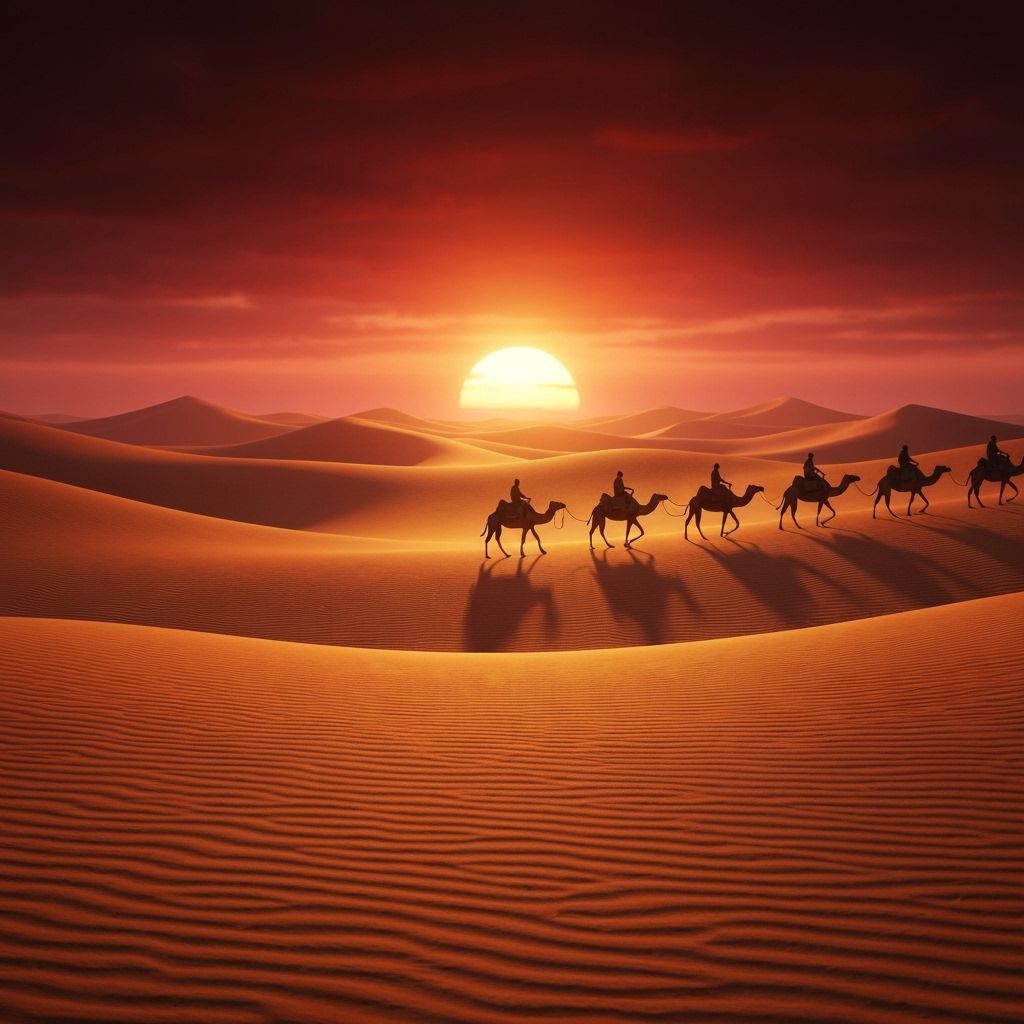 . "A desert caravan crossing golden dunes under a blood-red sunset, 8K"



