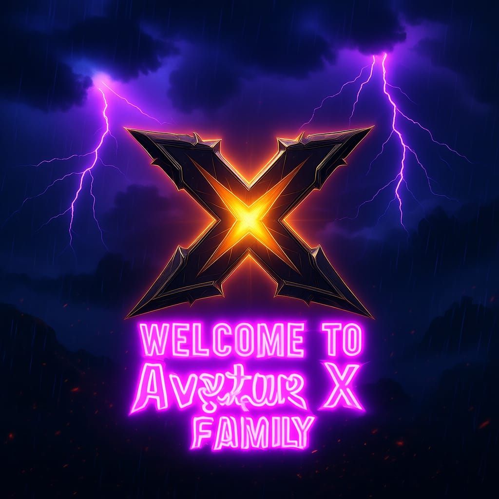 Create a   Welcome to Avatar X Family (1920x480)
Background: dark stormy clouds, swirling mist, subtle lightning, shadow particles, faint fi...