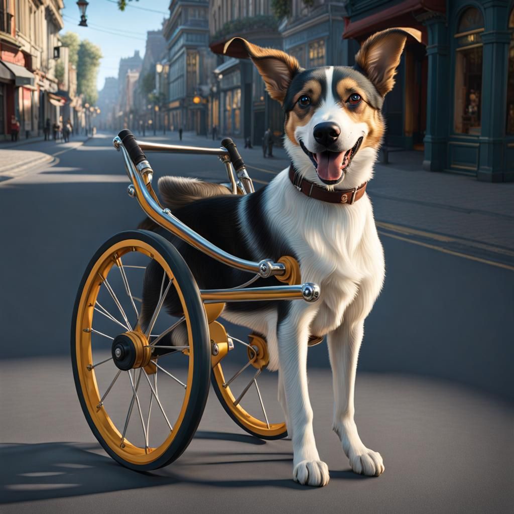 a happy disabled dog lolli rolling on the street with his hind wheel prosthesis   by @undefined