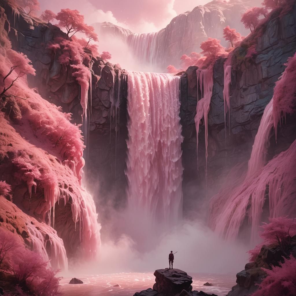 Dreamlike Pink Waterfall Landscape in Pastel Hues
