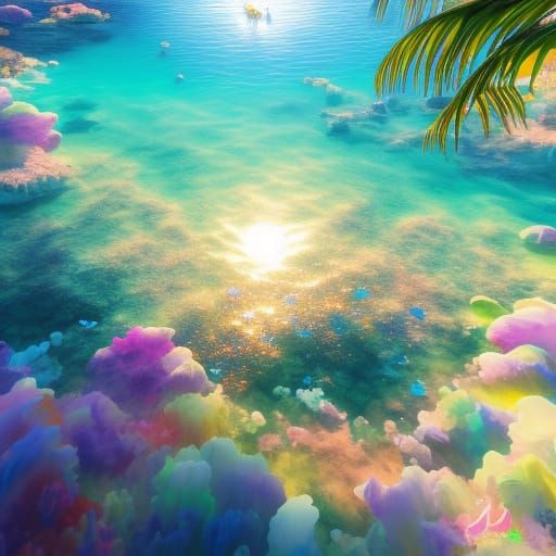 Swimming in a crystal clear ocean with sunlight shining from...