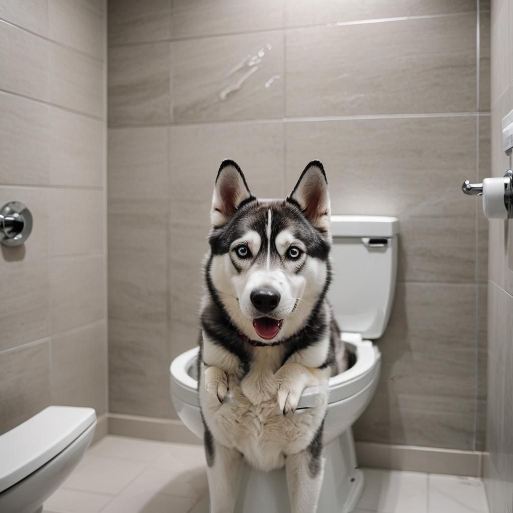 Gray and white short hair Female Husky using toilet