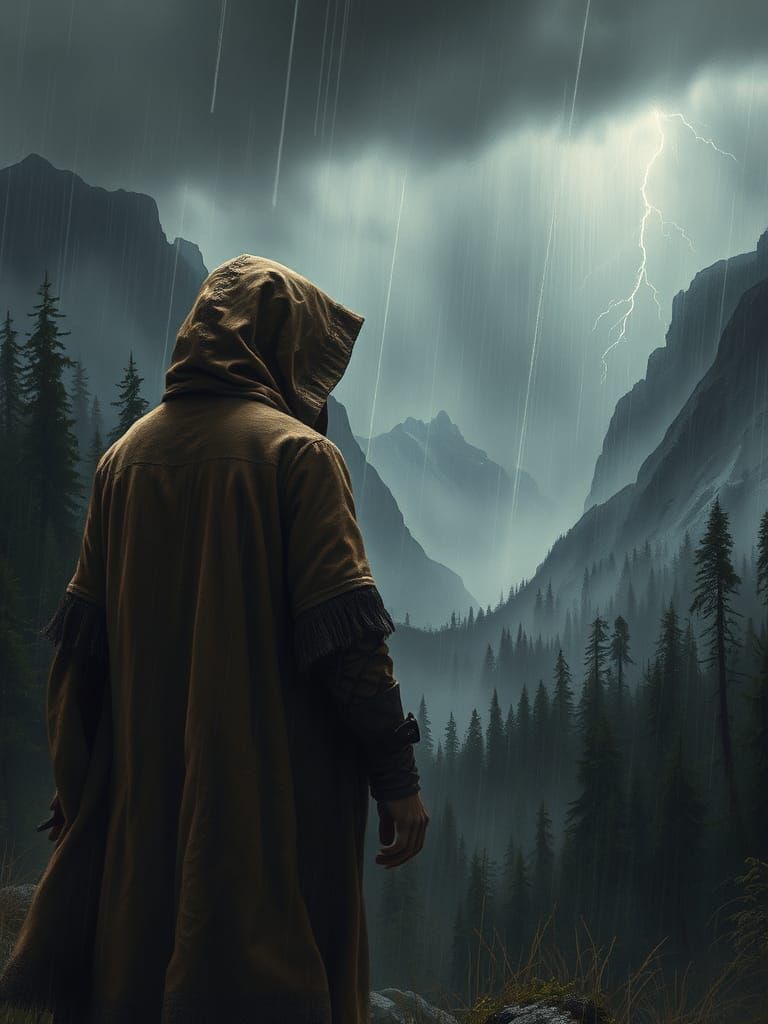 Earthy Figure in Ominous Rainstorm