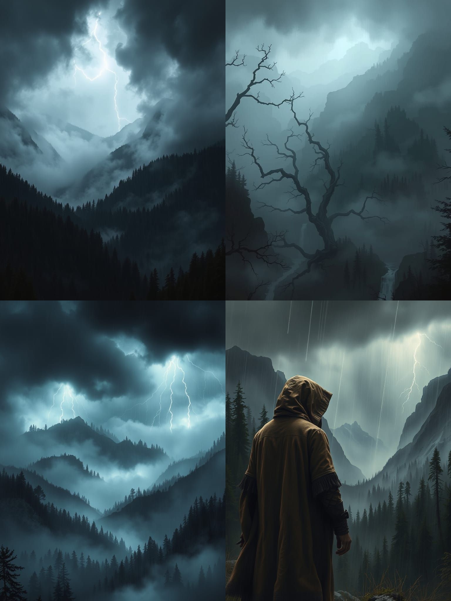 Sinister Rain in Mountain Forest Landscape