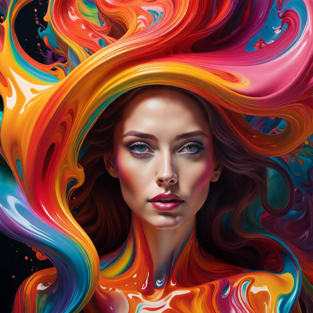 Emerging from swirls of colourful liquid oil paint, glossy textures