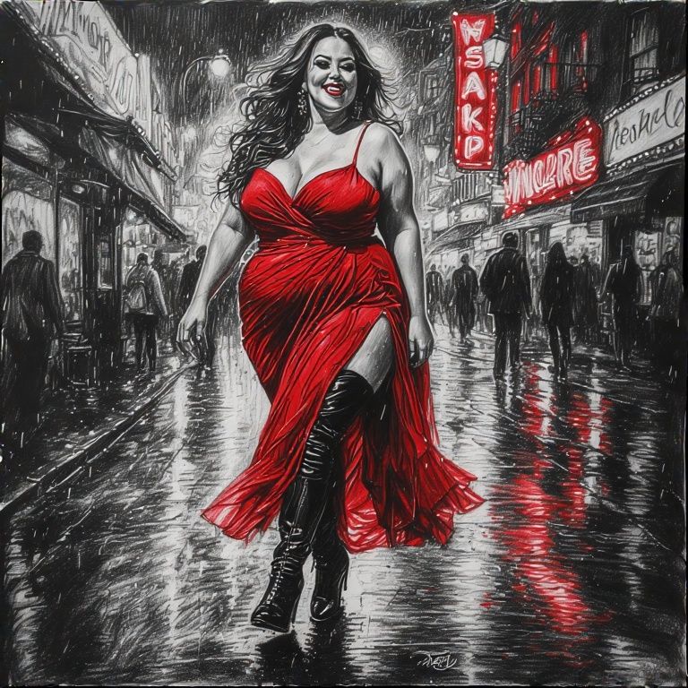 A stylish, plus-size woman with a confident smile, wearing a vibrant red evening gown and sleek black leather thigh-high...