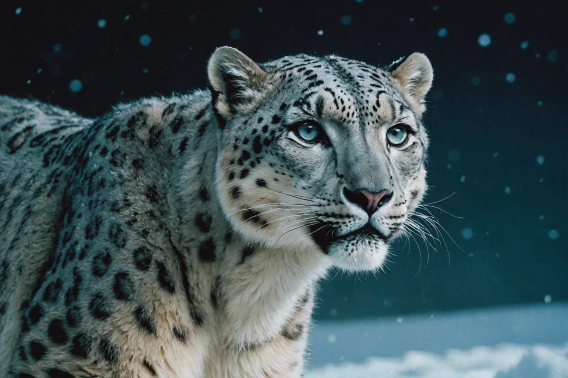 Robert Bateman, oil style, close-up portrait of snow leopard playing, winter la dscape, turquoise night, low-angle view, Cinematic film stil...