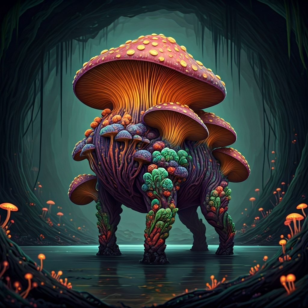 "Create a dark fantasy image of a smaller Corrupted Mushroom Beast, a compact, four-legged creature made entirely of vibrant mushrooms. Its ...