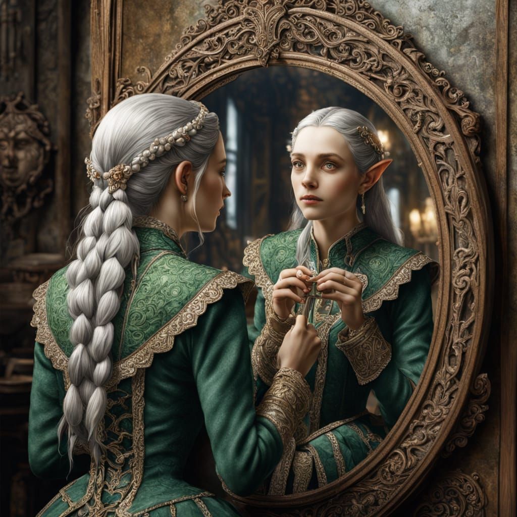 hyperrealistic, beautiful woman, elf, looking into a big mirror, looking ate herself when she is old, intricate details, detailed setting,