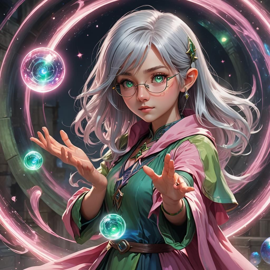 A young and pretty female wizard. She has silver hair, green...