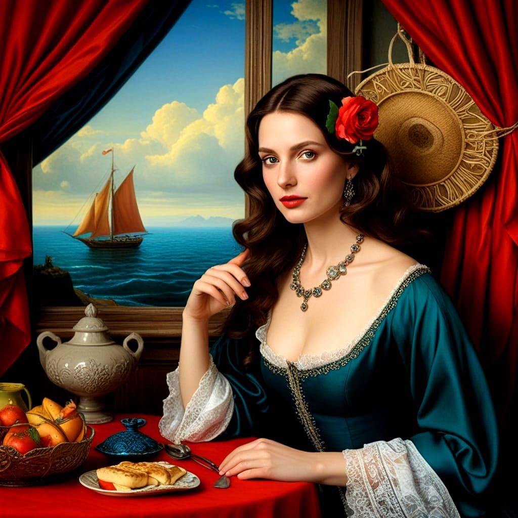 Surrealistic Portrait of a Happy Lady in a Vibrant Landscape