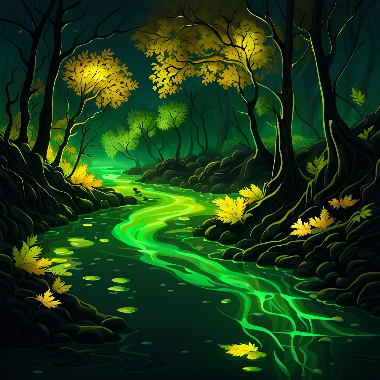 green glowing river in colorful trees forest