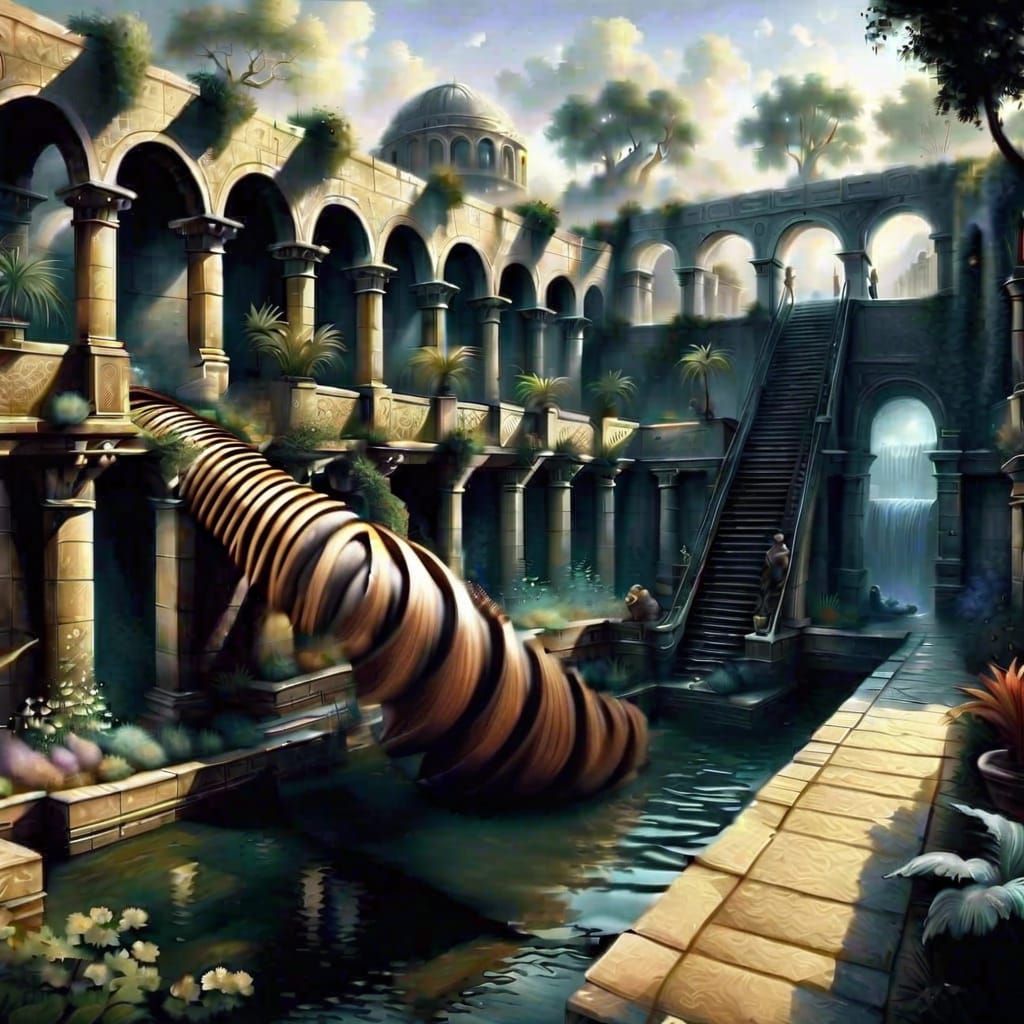 Archimedes screw bring water to the hanging gardens of Babylon AI