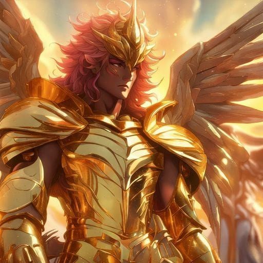 an anime showing the new golden armor zodiac Knight by, Stable Diffusion