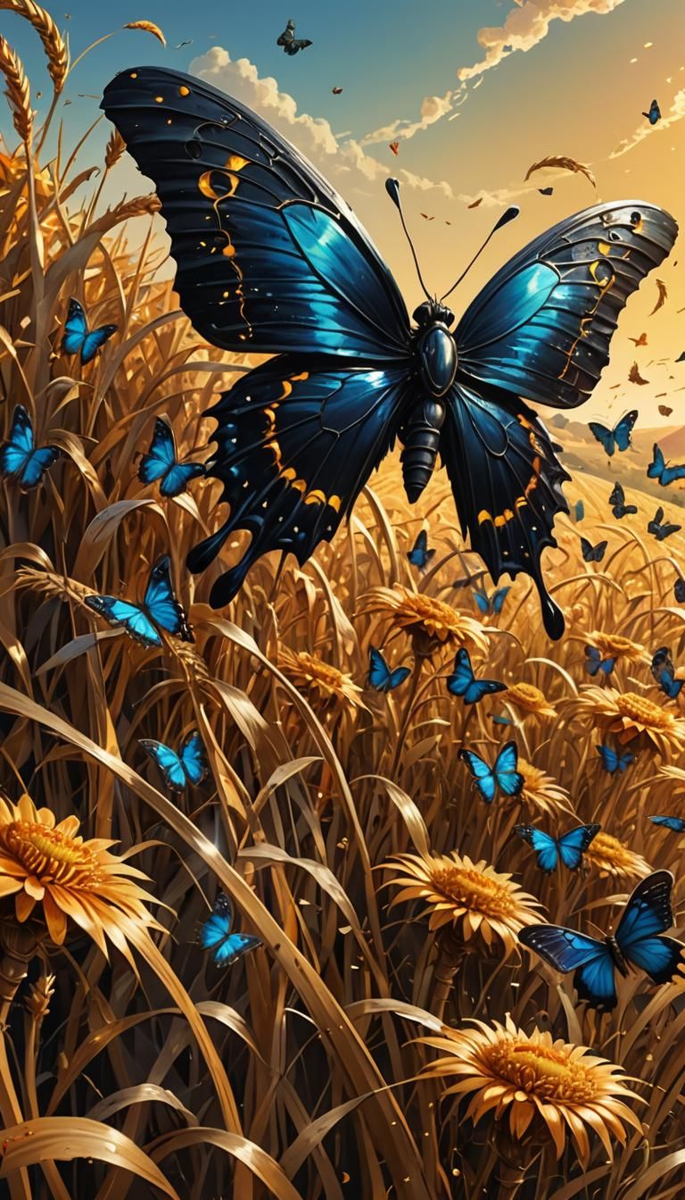 a scythe on a haystack, a large black butterfly flies over i...