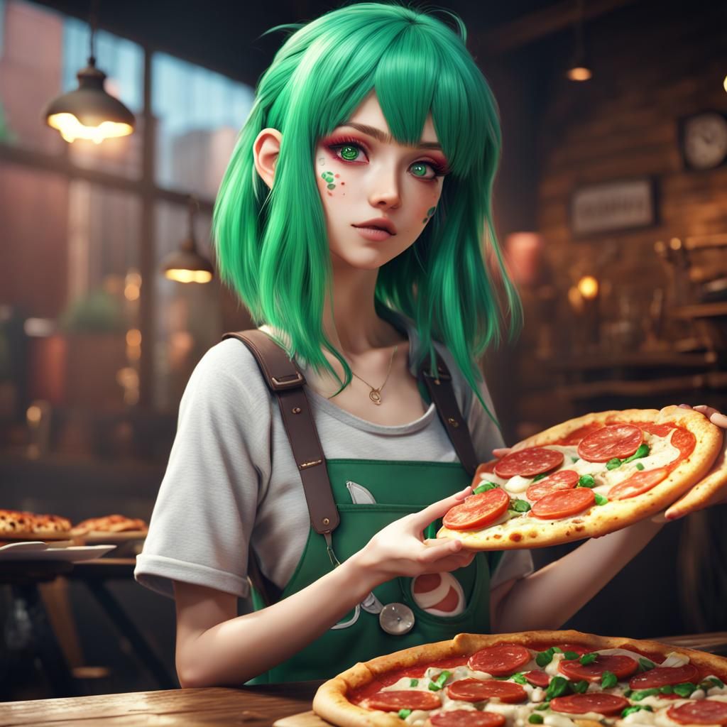 Anime Girl with Green Hair and Pizza