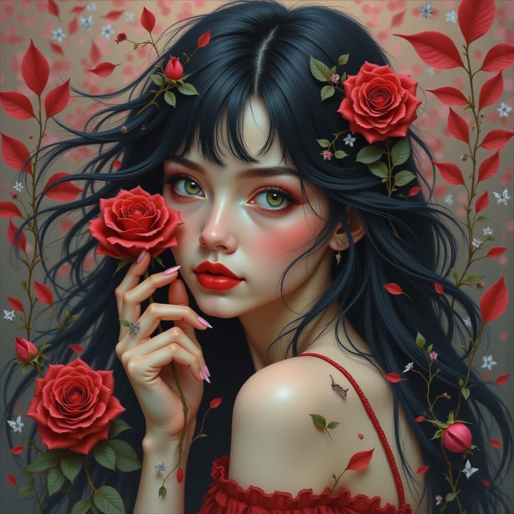<lora:Juggernaut Art  Flux:1.0> Highly detailed acrylic and chalk digital painting of a serene, ethereal woman with flowing black hair, gree...
