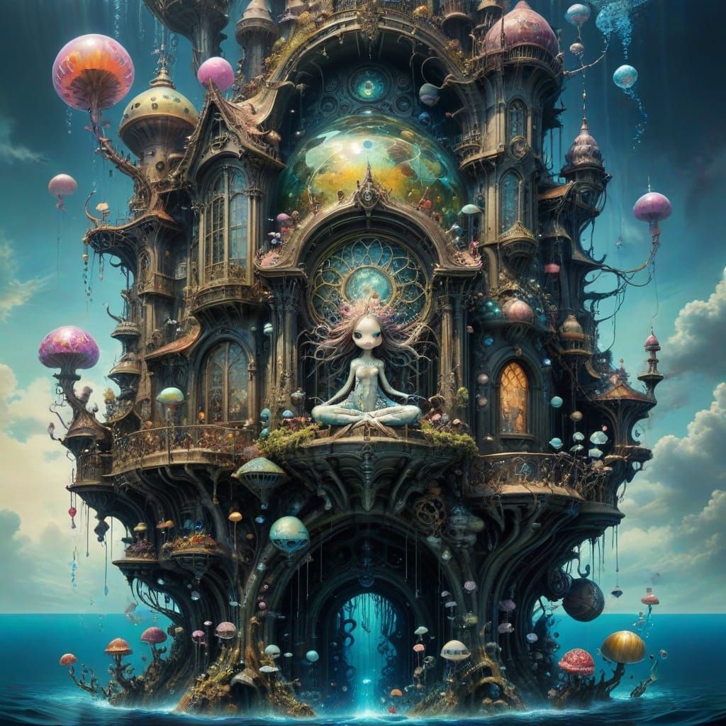 Underwater Metropolis of Iridescent Merfolk in Art Nouveau S...